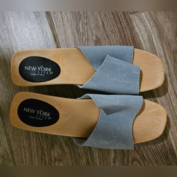 New York Lites wooden Sandal in gray suede leather sandals clogs  size 10 - Picture 15 of 17